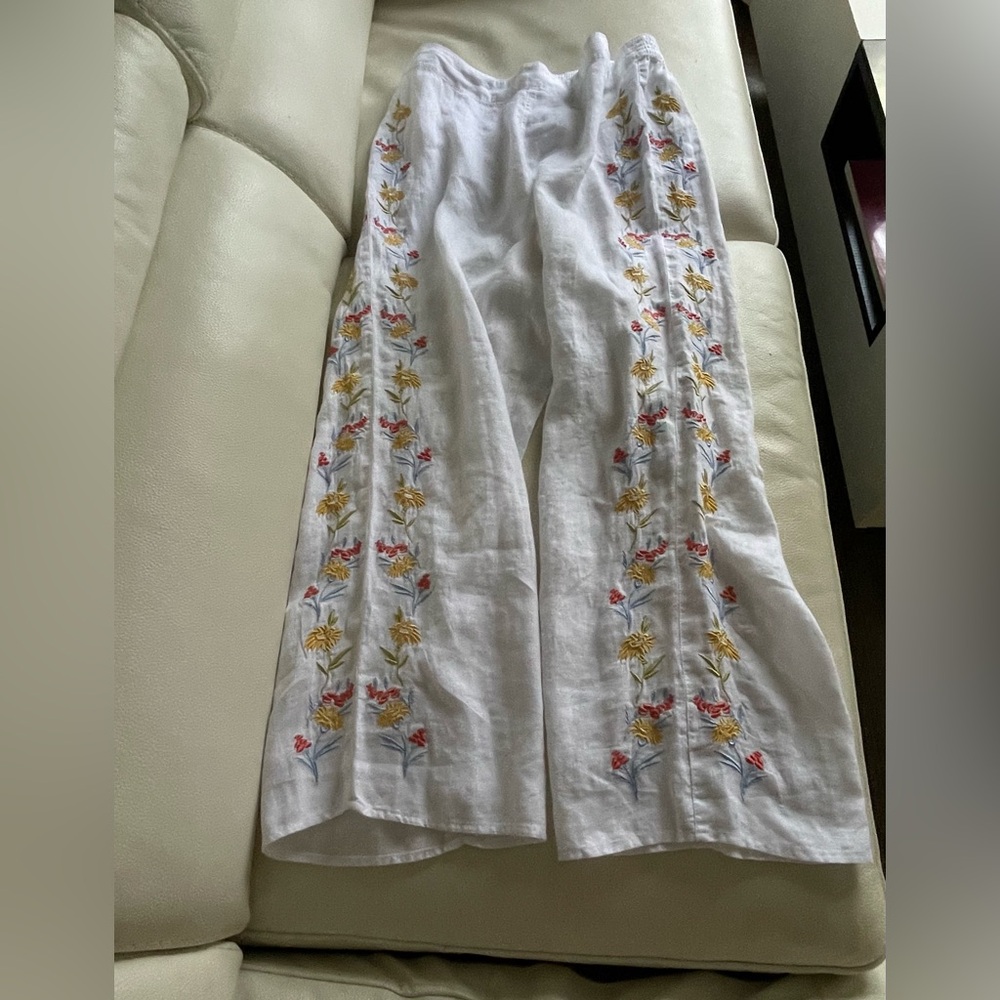 Calypso St.Barth Eyelet Flower Embroidery White Linen Pant PullOn Straight M NWT - Picture 5 of 9